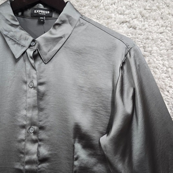 Express Portofino Shirt Womens‎ Medium Gray Satin Polyester Button Up Office - Picture 3 of 14